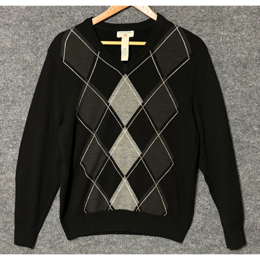 Dockers Mens V Neck Argyle Sweater Black Grey White Size‎ M Medium